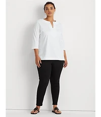 Lauren Ralph Lauren Plus Size Split Round Neck 3/4 Sleeve Woven Trim Knit Top