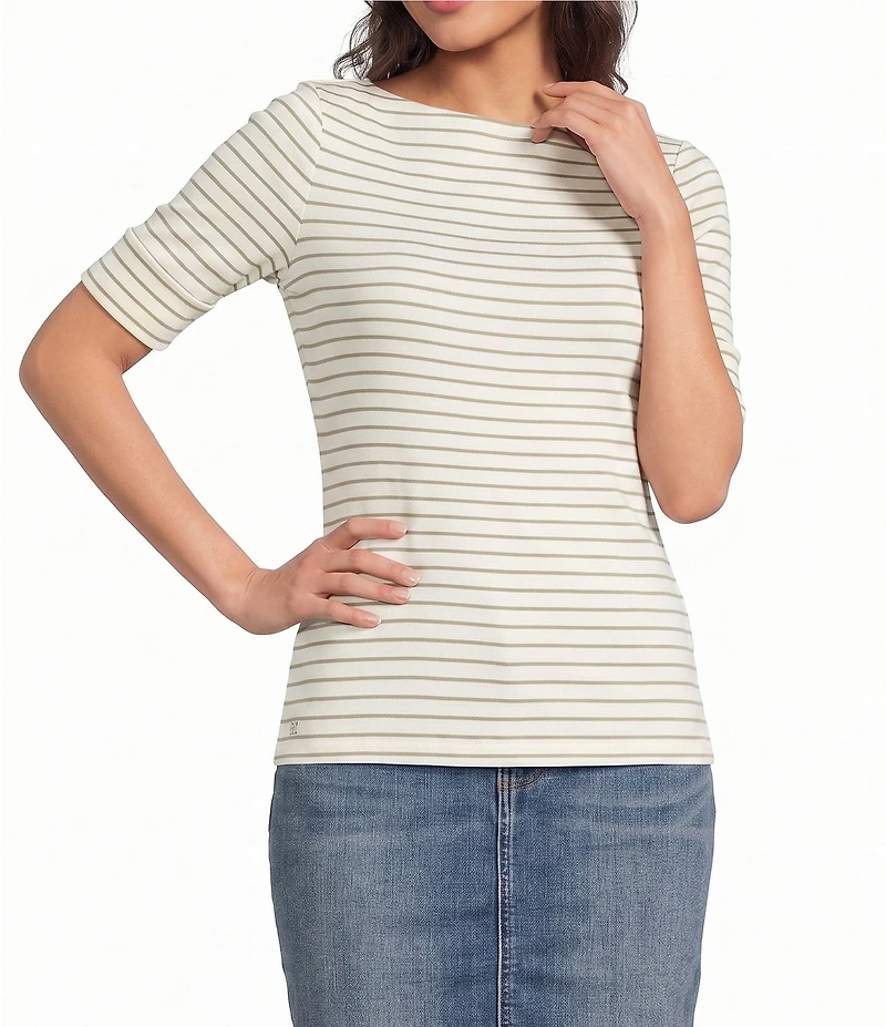 Lauren Ralph Lauren Plus Stretch Knit Stripe Boat Neck Short Sleeve Tee Shirt