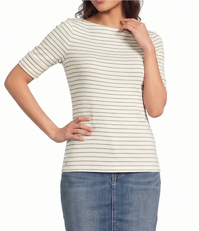 Lauren Ralph Lauren Plus Stretch Knit Stripe Boat Neck Short Sleeve Tee Shirt