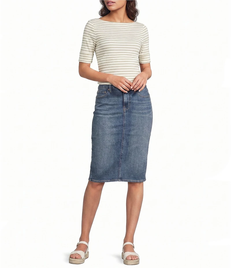 Lauren Ralph Lauren Plus Stretch Knit Stripe Boat Neck Short Sleeve Tee Shirt