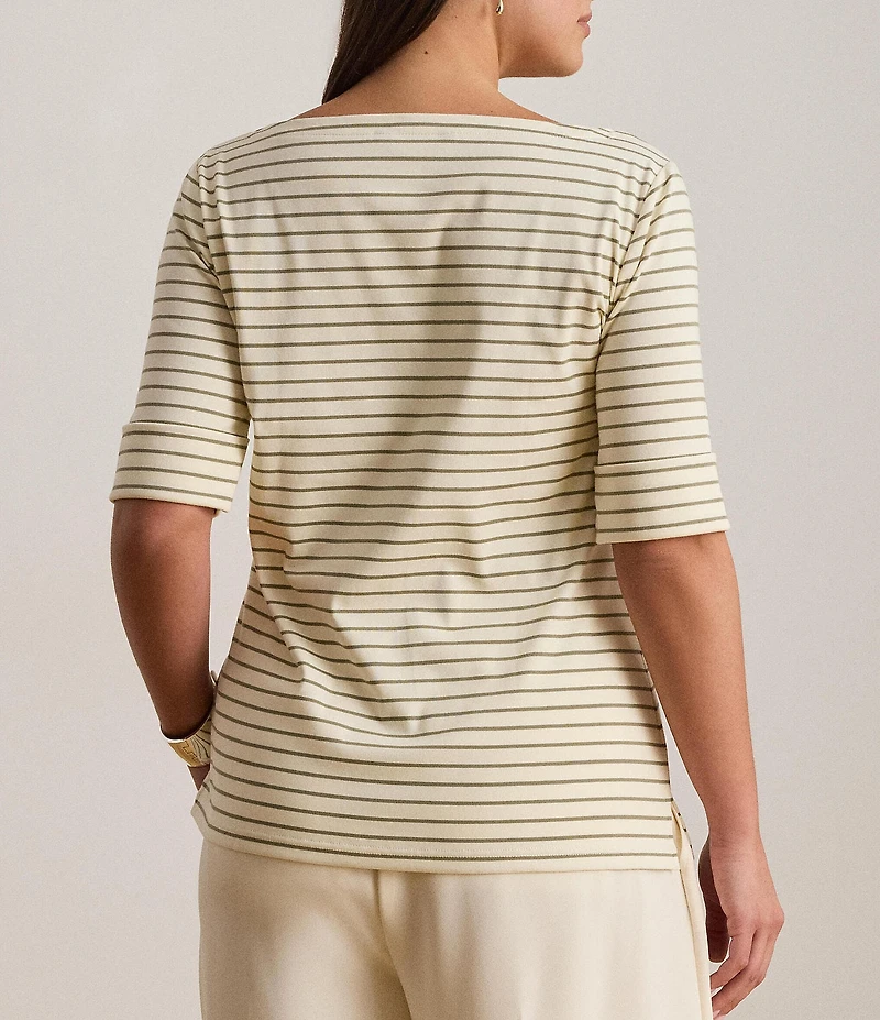 Lauren Ralph Lauren Plus Size Stretch Knit Stripe Boat Neck Short Sleeve Tee Shirt