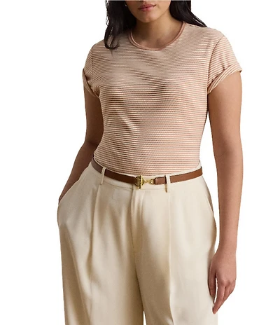 Lauren Ralph Lauren Plus Stretch Ribbed Knit Stripe Crew Neck Short Sleeve Tee Shirt