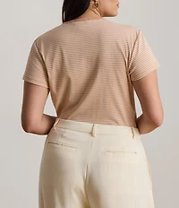 Lauren Ralph Lauren Plus Stretch Ribbed Knit Stripe Crew Neck Short Sleeve Tee Shirt