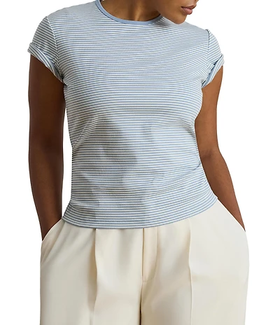 Lauren Ralph Lauren Plus Stretch Stripe Ribbed Knit Stripe Crew Neck Short Sleeve Tee Shirt