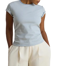 Lauren Ralph Lauren Plus Stretch Stripe Ribbed Knit Stripe Crew Neck Short Sleeve Tee Shirt