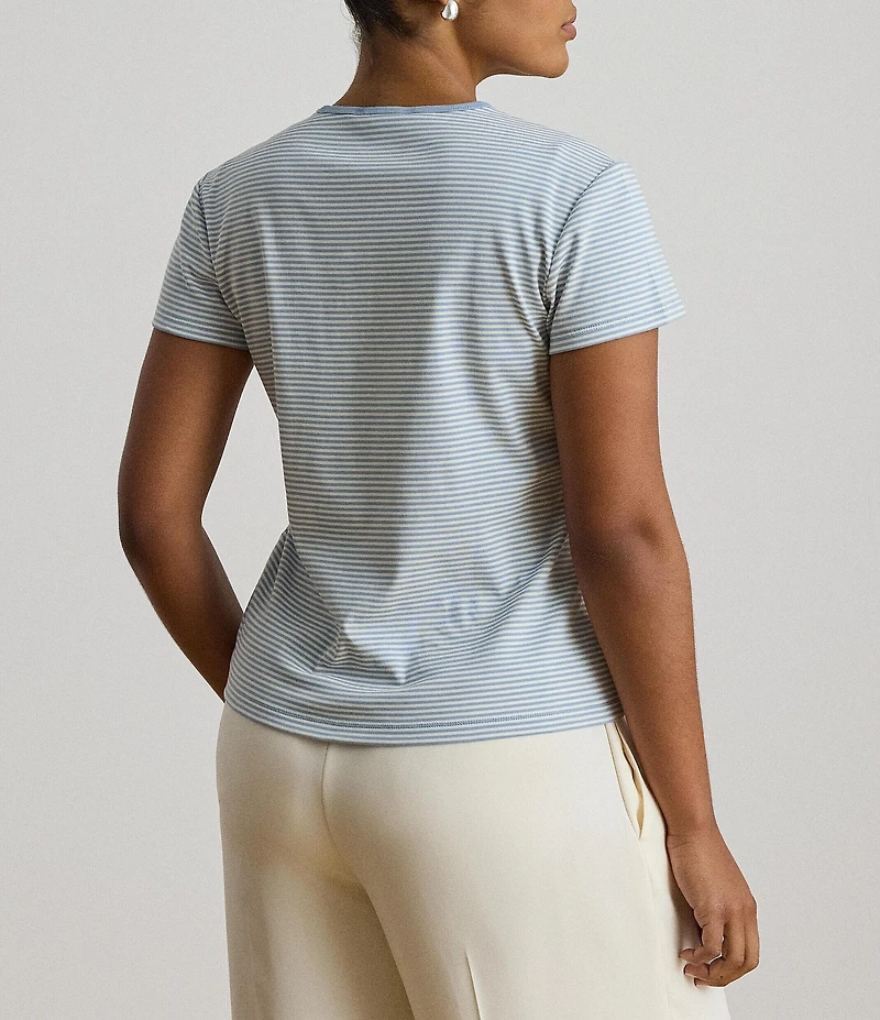 Lauren Ralph Lauren Plus Stretch Stripe Ribbed Knit Stripe Crew Neck Short Sleeve Tee Shirt