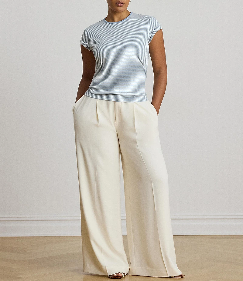 Lauren Ralph Lauren Plus Stretch Stripe Ribbed Knit Stripe Crew Neck Short Sleeve Tee Shirt