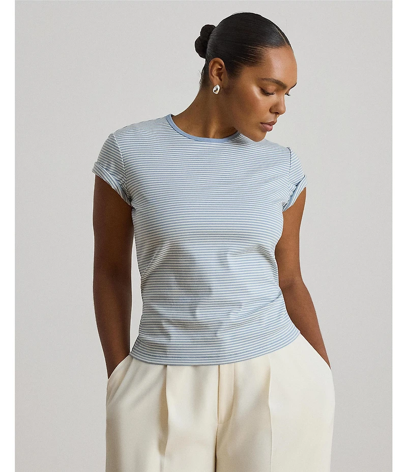 Lauren Ralph Lauren Plus Stretch Stripe Ribbed Knit Stripe Crew Neck Short Sleeve Tee Shirt
