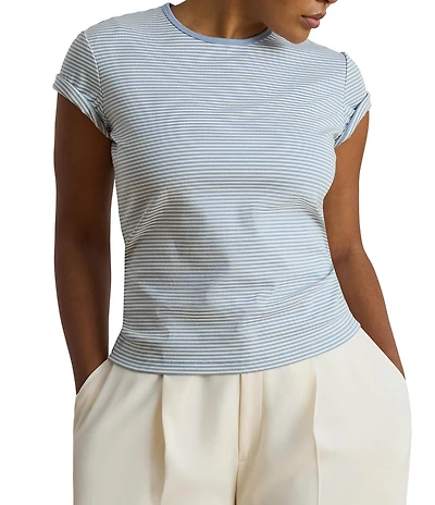 Lauren Ralph Lauren Plus Stretch Stripe Ribbed Knit Stripe Crew Neck Short Sleeve Tee Shirt