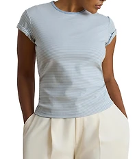 Lauren Ralph Lauren Plus Stretch Stripe Ribbed Knit Stripe Crew Neck Short Sleeve Tee Shirt
