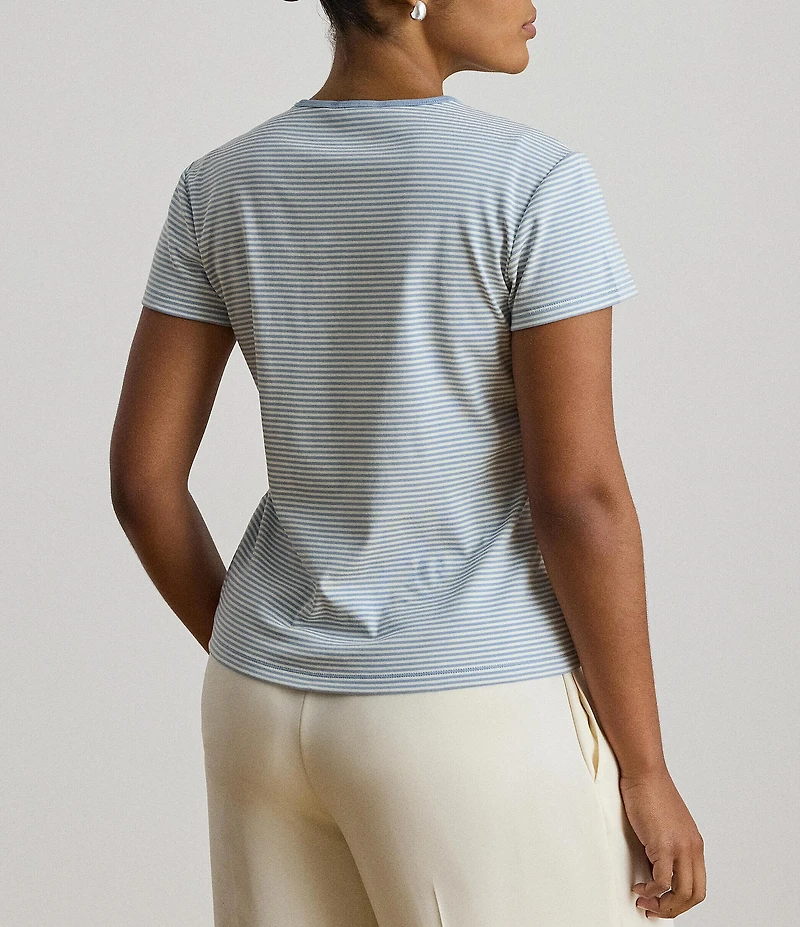 Lauren Ralph Lauren Plus Stretch Stripe Ribbed Knit Stripe Crew Neck Short Sleeve Tee Shirt