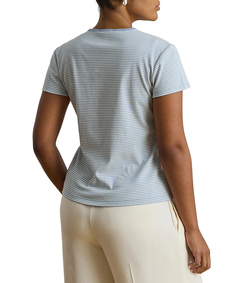 Lauren Ralph Lauren Plus Stretch Stripe Ribbed Knit Stripe Crew Neck Short Sleeve Tee Shirt