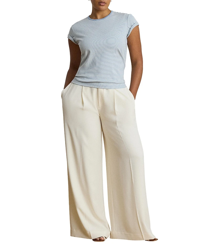 Lauren Ralph Lauren Plus Stretch Stripe Ribbed Knit Stripe Crew Neck Short Sleeve Tee Shirt