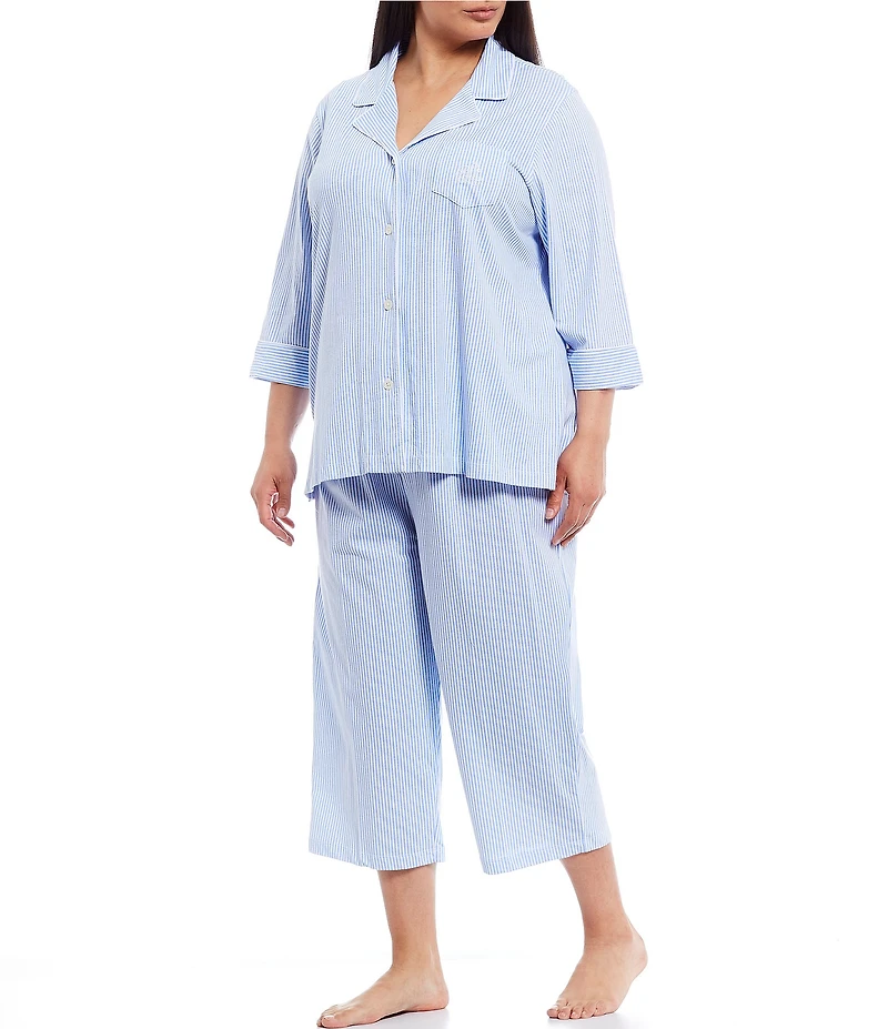 Lauren Ralph Lauren Plus Size Striped Print Notch Collar 3/4 Sleeve Button Front Jersey Knit Capri Pajama Set