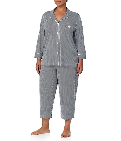 Lauren Ralph Lauren Plus Size Striped Print Notch Collar 3/4 Sleeve Button Front Jersey Knit Capri Pajama Set