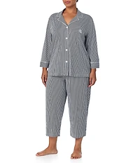 Lauren Ralph Lauren Plus Size Striped Print Notch Collar 3/4 Sleeve Button Front Jersey Knit Capri Pajama Set
