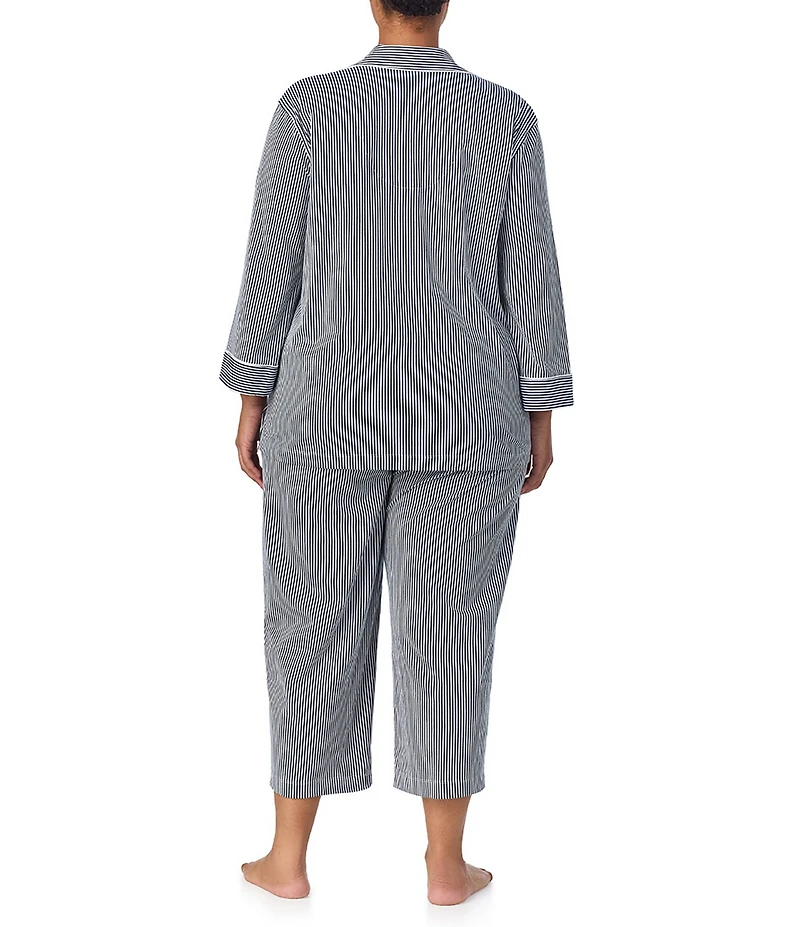 Lauren Ralph Lauren Plus Size Striped Print Notch Collar 3/4 Sleeve Button Front Jersey Knit Capri Pajama Set