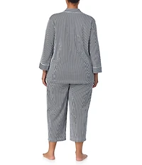 Lauren Ralph Lauren Plus Size Striped Print Notch Collar 3/4 Sleeve Button Front Jersey Knit Capri Pajama Set