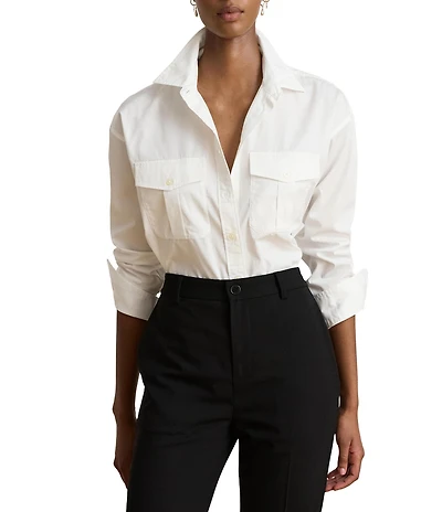 Lauren Ralph Lauren Plus Woven Point Collar Long Sleeve Shirt