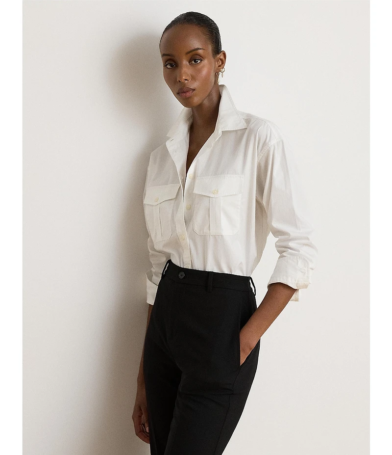 Lauren Ralph Lauren Plus Woven Point Collar Long Sleeve Shirt