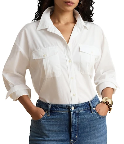 Lauren Ralph Lauren Plus Woven Point Collar Long Sleeve Shirt