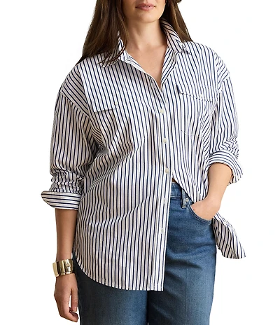 Lauren Ralph Lauren Plus Woven Stripe Point Collar Long Sleeve Shirt