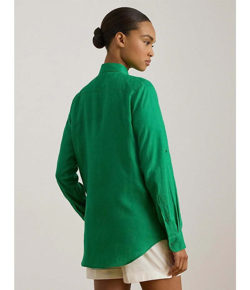 Lauren Ralph Lauren Point Collar Long Roll-Tab Sleeve Button Front Linen Shirt
