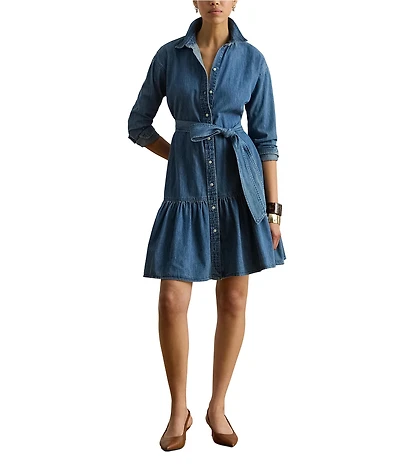 Lauren Ralph Lauren Point Collar Long Sleeve Belted Denim Shirt Dress