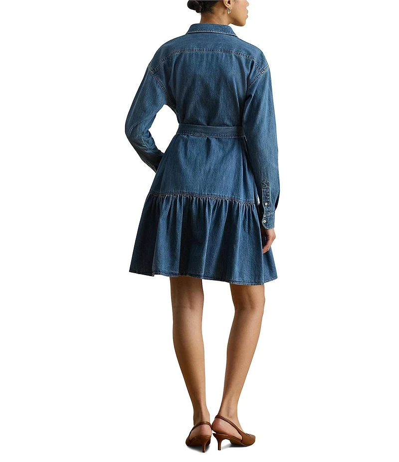 Lauren Ralph Lauren Point Collar Long Sleeve Belted Denim Shirt Dress
