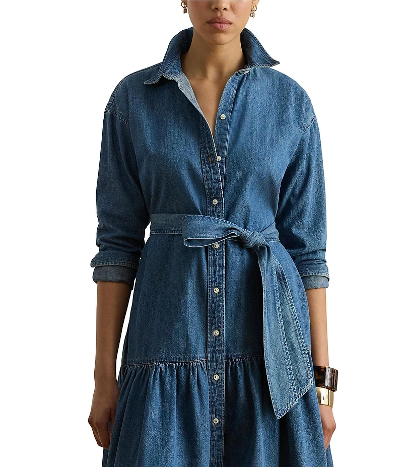 Lauren Ralph Lauren Point Collar Long Sleeve Belted Denim Shirt Dress