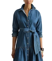 Lauren Ralph Lauren Point Collar Long Sleeve Belted Denim Shirt Dress