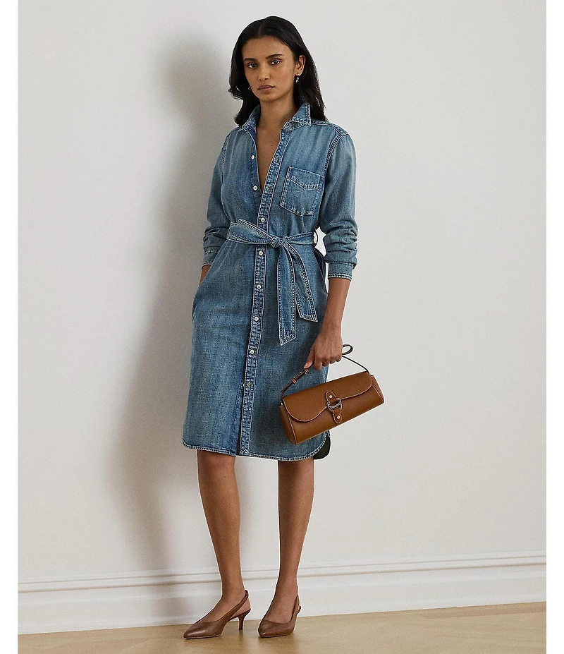 Lauren Ralph Lauren Point Collar Long Sleeve Denim Twill Belted Shirtdress