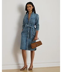 Lauren Ralph Lauren Point Collar Long Sleeve Denim Twill Belted Shirtdress