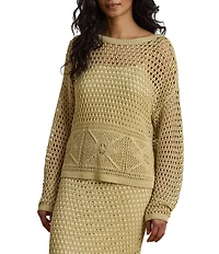 Lauren Ralph Lauren Pointelle Knit Boat Neck Long Sleeve Top