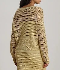 Lauren Ralph Lauren Pointelle Knit Boat Neck Long Sleeve Top