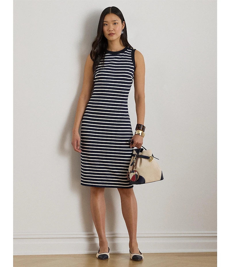 Lauren Ralph Lauren Ponte Knit Stripe Crew Neck Sleeveless Sheath Dress