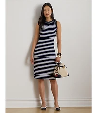 Lauren Ralph Lauren Ponte Knit Stripe Crew Neck Sleeveless Sheath Dress