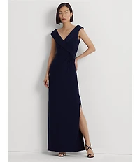 Lauren Ralph Lauren Portrait Collar Cap Sleeve Crepe Sheath Gown