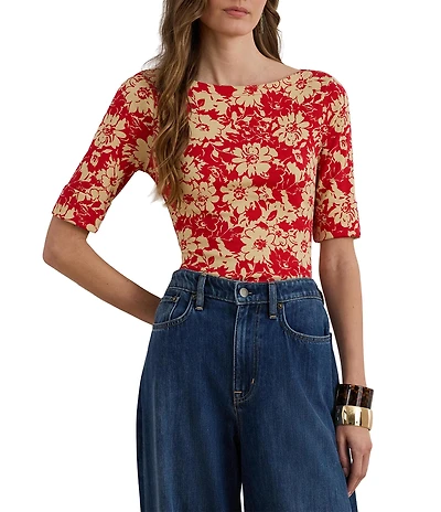Lauren Ralph Lauren Print Stretch Cotton Floral Print Boat Neck Elbow Sleeve Tee