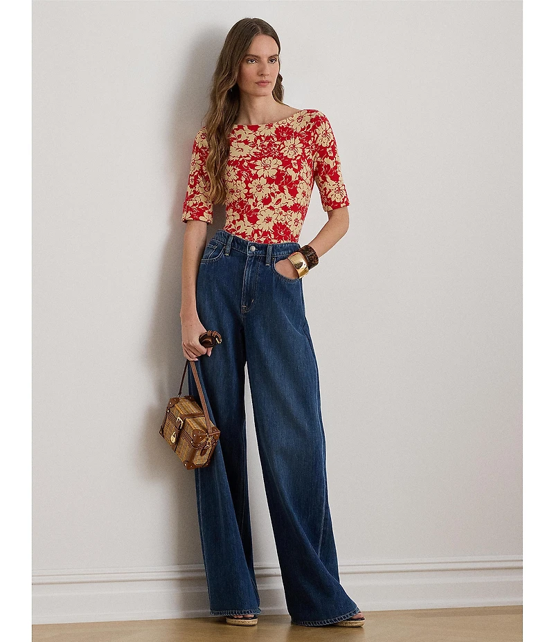 Lauren Ralph Lauren Print Stretch Cotton Floral Print Boat Neck Elbow Sleeve Tee