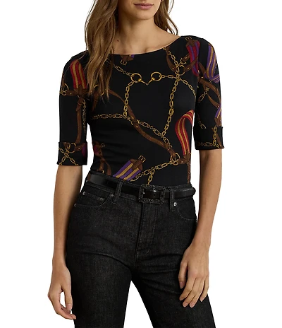 Lauren Ralph Lauren Print Stretch Knit Boat Neck Elbow Length Sleeve Tee