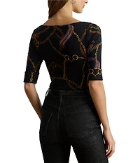 Lauren Ralph Lauren Print Stretch Knit Boat Neck Elbow Length Sleeve Tee