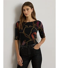 Lauren Ralph Lauren Print Stretch Knit Boat Neck Elbow Length Sleeve Tee