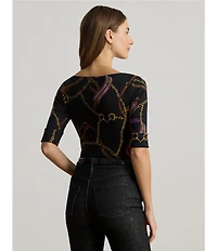 Lauren Ralph Lauren Print Stretch Knit Boat Neck Elbow Length Sleeve Tee