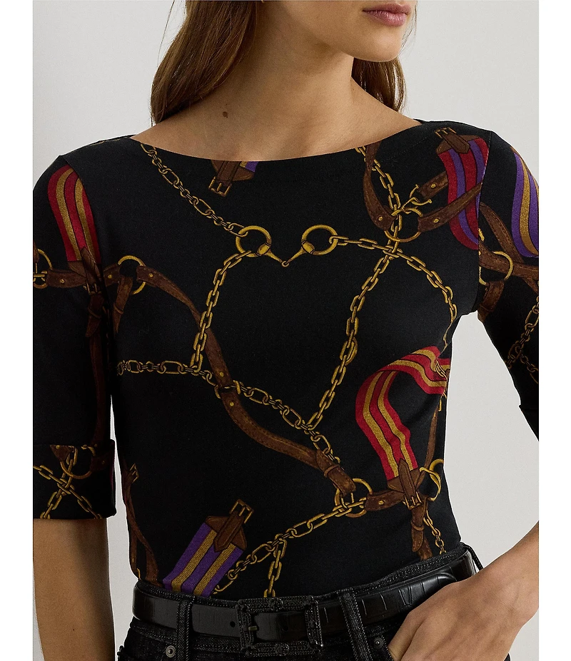 Lauren Ralph Lauren Print Stretch Knit Boat Neck Elbow Length Sleeve Tee