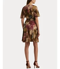 Lauren Ralph Lauren Printed Crinkle Georgette Surplice Neck Flutter Sleeve Pleated Self Belted Mini Dress