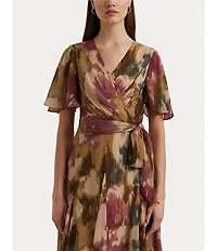 Lauren Ralph Lauren Printed Crinkle Georgette Surplice Neck Flutter Sleeve Pleated Self Belted Mini Dress
