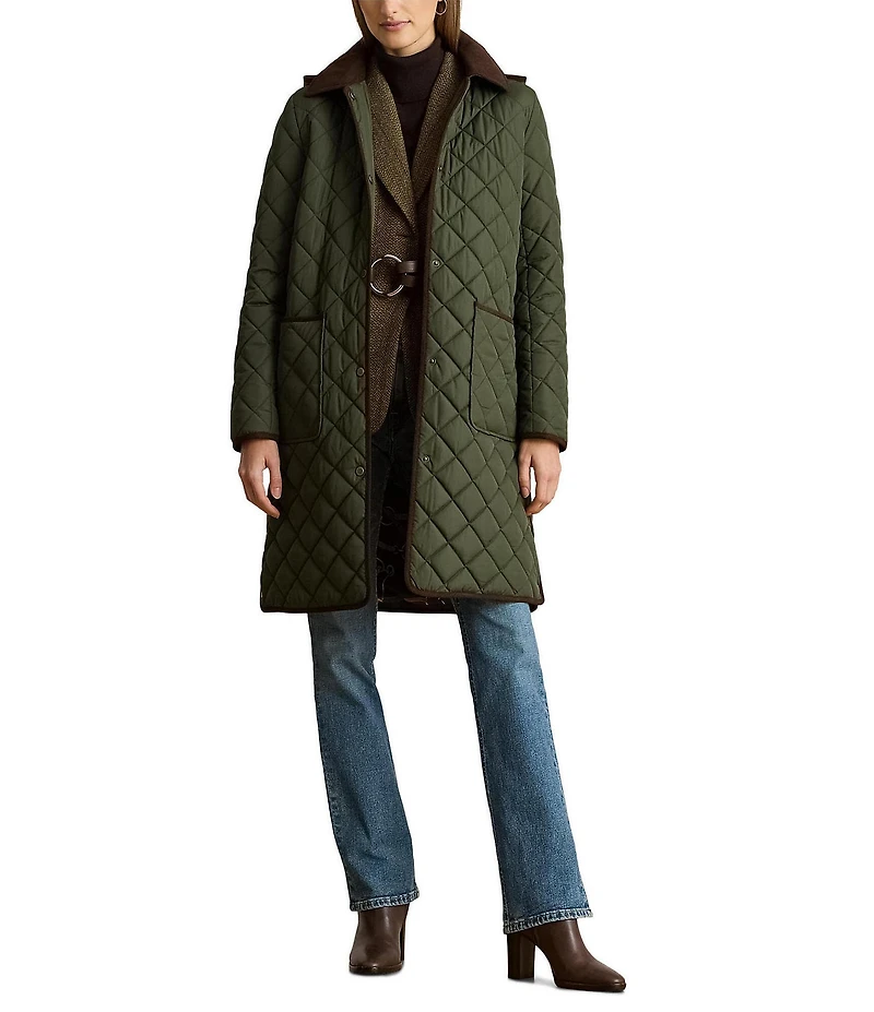 Lauren Ralph Lauren Quilted Hooded Corduroy Collar Snap Front Coat