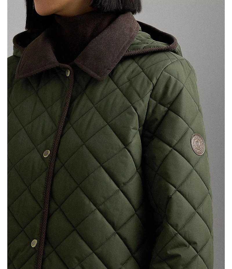 Lauren Ralph Lauren Quilted Hooded Corduroy Collar Snap Front Coat