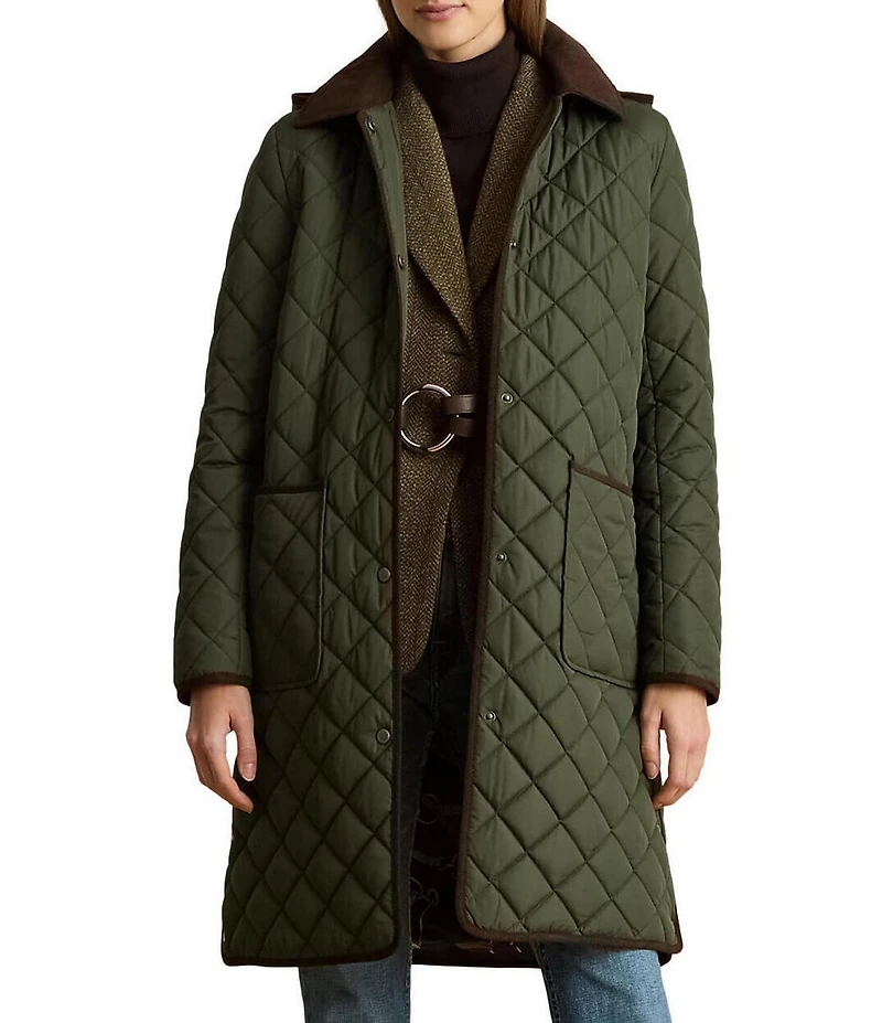 Lauren Ralph Lauren Quilted Hooded Corduroy Collar Snap Front Coat